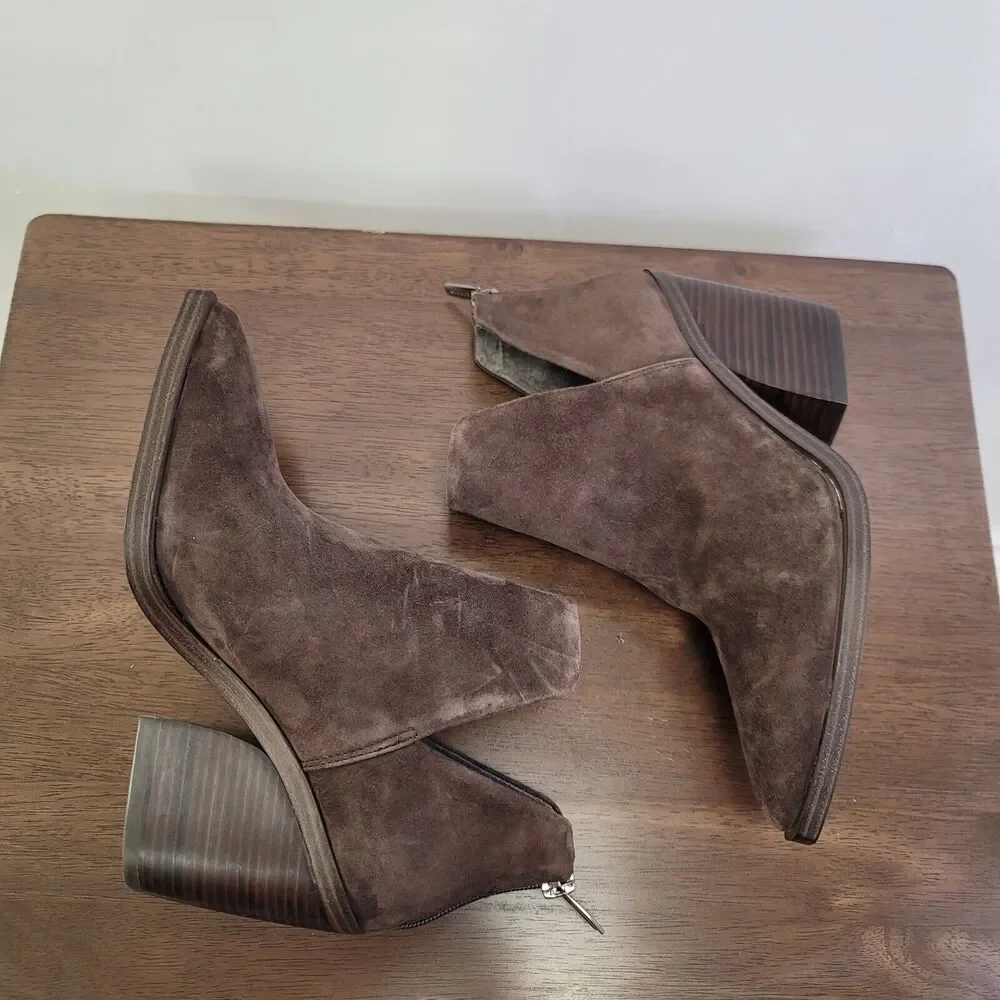 Vince Camuto Brown Suede Pointed Ankle Booties with Stacked Heel